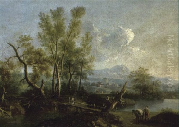 River Landscape With A Traveller On A Path Near A Bridge - view 1