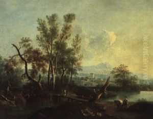 Baumreiche Fluslandschaft Mit Figurenstaffage