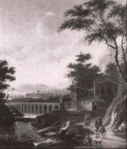 Reisende An Einem Fluss Mit Brucke by Giovanni Battista Cimaroli