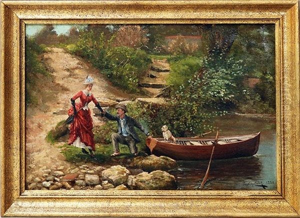 Uferpartie Mit Eleganter, In Ein Ruderboot Mit Wartendem Hundchen Einsteigender Dame - view 1