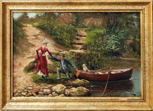 Uferpartie Mit Eleganter, In Ein Ruderboot Mit Wartendem Hundchen Einsteigender Dame