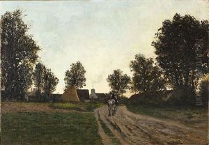 Byvag Med Hus, Hostack Och Ryttare Till Hast by Franck Jean Baptiste Louis Cinot