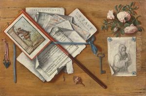 Trompe L'oeil Still Life With Letters And Other Objects On A Board Trompe L'oeil Still Life With Letters And Other Objects On A Board