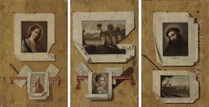 A Trompe L'oeil Still Life With A Painting Of Saint Francis Of Assisi Pinned To A Wall (+ 2 Others; Set Of 3) by Antonio Cioci
