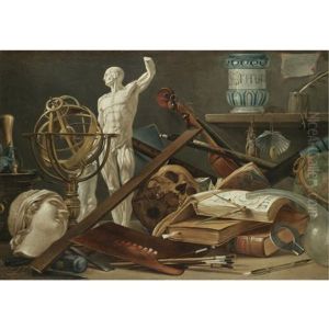 A Vanitas Still Life With An Adder In A Pestle And Mortar, A Sculpted Head, An Astrolobe, An Anatomical Sculpture, A Musical Pipe, A Skull, A Violin, A Globe, Musical Scores, Manuscripts, A Paint Pale by Antonio Cioci