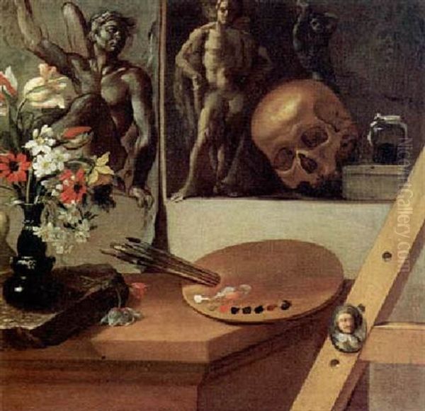 Vanitas Con Vaso Di Fiori, Tavolezza, Ritrattino In Ovale E Altro - view 1