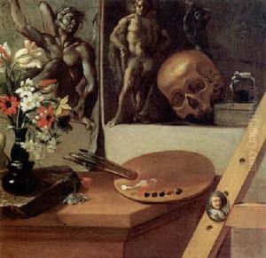 Vanitas Con Vaso Di Fiori, Tavolezza, Ritrattino In Ovale E Altro by Antonio Cioci