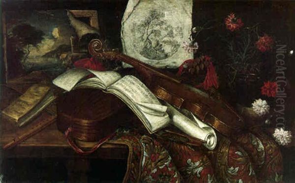 A Viola, A Lute, A Recorder, Music Sheets And Other Objects On A Table - view 1