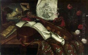 A Viola, A Lute, A Recorder, Music Sheets And Other Objects On A Table by Antonio Cioci