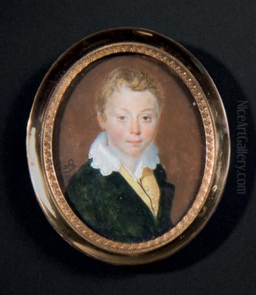 Portrait De Jeune Garcon En Buste Vers La Droite Presque De Face, Vetu D'un Habit Vert, Gilet Jaune Et Grand Col De Voile Blanc; Il Est Coiffe De Meches - view 1