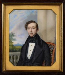 Portraits D'homme (eugene Isidore Faye) Et De Femme Assis Devant Un Paysage