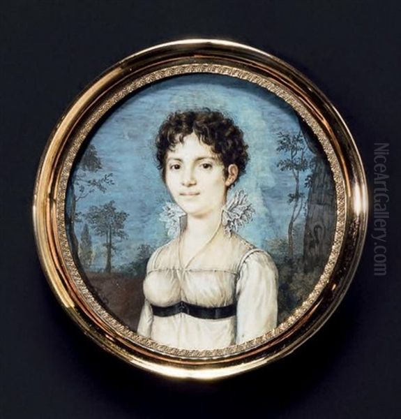 Portrait De Mademoiselle Delpire, En Buste, Presque De Face, En Robe De Voile Blanc, Taille Haute A Ceinture Noire, Et Col De Dentelle A L'anglaise Elle Est Coiffee De Fines Boucles Et Vue Dans Un Fond De Paysage - view 1