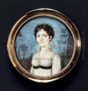 Portrait De Mademoiselle Delpire, En Buste, Presque De Face, En Robe De Voile Blanc, Taille Haute A Ceinture Noire, Et Col De Dentelle A L'anglaise Elle Est Coiffee De Fines Boucles Et Vue Dans Un Fond De Paysage by Pierre Charles Cior