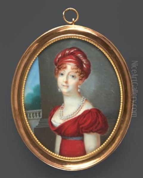 Portrait D'une Dame De Qualite En Robe Rouge, Collier De Perles A Double Rangs Et Pendants D'oreilles, Coiffee D'un Important Turban Rouge - view 1