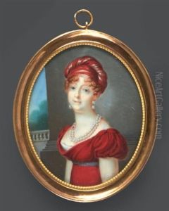 Portrait D'une Dame De Qualite En Robe Rouge, Collier De Perles A Double Rangs Et Pendants D'oreilles, Coiffee D'un Important Turban Rouge