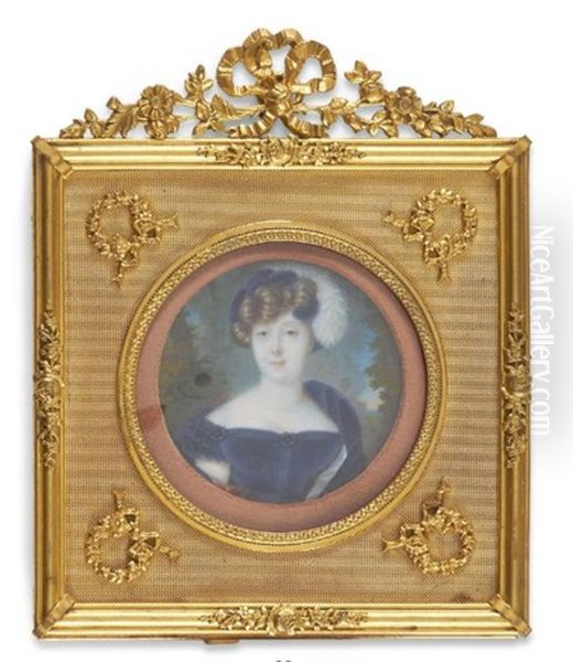Portrait De Jeune Femme A La Robe De Velours Bleu Decolletee Et Portant Un Chapeau Orne D'une Plume D'autruche Blanche Retombant - view 1
