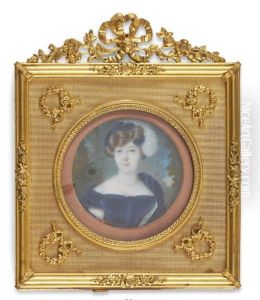 Portrait De Jeune Femme A La Robe De Velours Bleu Decolletee Et Portant Un Chapeau Orne D'une Plume D'autruche Blanche Retombant by Pierre Charles Cior