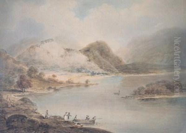 Figures Boarding A Small Ferry In A Highland Lake Landscape - view 1