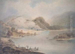 Figures Boarding A Small Ferry In A Highland Lake Landscape
