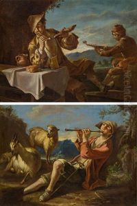 Pendants - Flotenspielender Hirtenjunge & Pfeifenrauchender Und Musizierender Bauer Beim Mahl (pair)