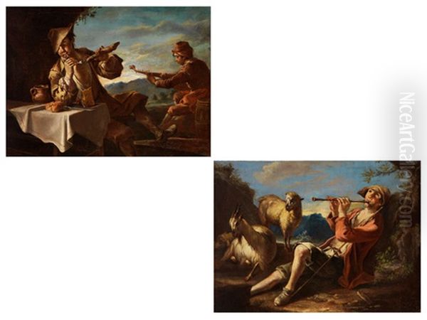 Flotenspielender Hirte Im Gras Neben Ziege Und Schaf (+ Junger Mann Am Tisch Mit Brot, Kase Und Meerschaumpfeife, Daneben Ein Mandolinenspieler; Pair) - view 1