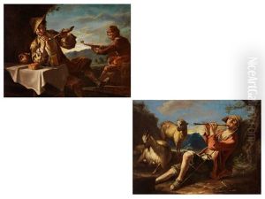 Flotenspielender Hirte Im Gras Neben Ziege Und Schaf (+ Junger Mann Am Tisch Mit Brot, Kase Und Meerschaumpfeife, Daneben Ein Mandolinenspieler; Pair)