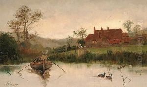 Figure In A Rowing Boat Before A Farmstead