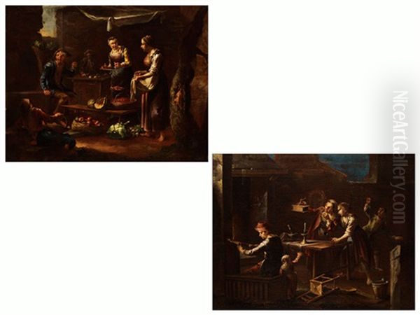 Verkaufsstand Mit Obstverkauferin Und Figurenstaffage (+ Kucheninterieur Mit Figurenstaffage Und Einem Lautenspieler; Pair) - view 1