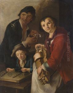Suonatrice Di Gironda, Ragazzo E Giovane Con Brocca E Pipa (a Woman Playing A Gironda, A Boy And A Young Man With Jug And Pipe) by Giacomo Francesco Cipper