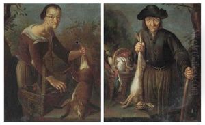 An Old Woman With A Dead Fox And Chickens In A Basket (+ An Old Man With A Dead Hare And A Basket Of Birds; Pair) by Giacomo Francesco Cipper