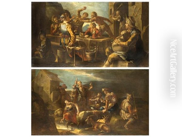 Rauferei In Einer Taverne Und Wandernde Musikantenfamilie Bei Der Rast (diptych) - view 1