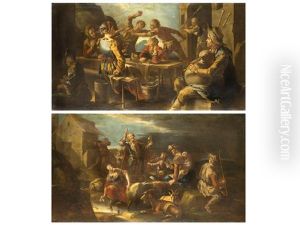 Rauferei In Einer Taverne Und Wandernde Musikantenfamilie Bei Der Rast (diptych)