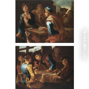 Figures Playing Cards At A Table (+ Figures Merry-making At A Table With A Manp Laying The Violin; Pair) by Giacomo Francesco Cipper