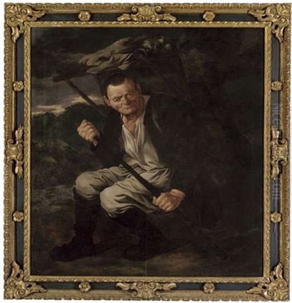 An Elderly Man Carrying Goods On His Back And Holding A Stick In His Hands At Rest On A Mountain Pass - view 1