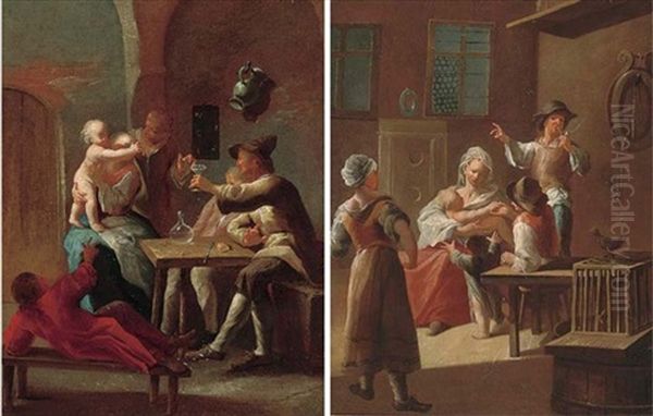 A Mother And Child With Other Figures Around A Table In An Interior (+ A Family In An Interior; Pair) - view 1