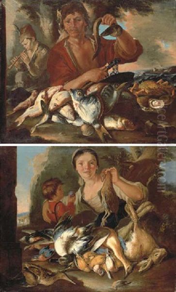 A Fisherman With His Catch And A Boy Piping, A Coastal Port Beyond (+ A Peasant Woman And A Boy With Dead Game In A Rocky Landscape; Pair) - view 1