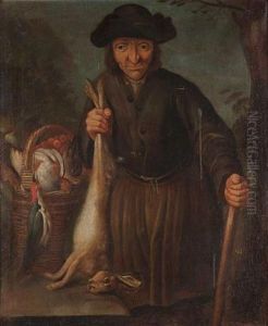 A Peasant Man Holding A Dead Hare With A Basket Of Dead Birds Beside Him (+ A Peasant Woman Holding A Dead Fox With A Basket Of Chickens Over Her Arm; Pair)