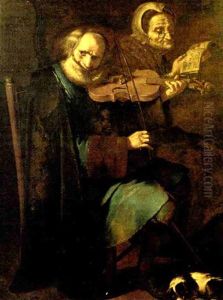 Concertino : Suonatore Di Violino E Donna Anziana In Un Interno Con Cagnolino by Giacomo Francesco Cipper