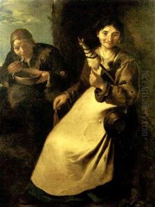 Ragazzo Che Mangia La Zuppa E Vecchia Che Fila La Lana by Giacomo Francesco Cipper