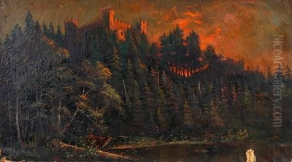 Sunset Landscape With Deer And Castle In Distance - view 1