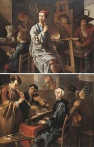 A Painter In His Studio With His Apprentices And A Sitter by Giacomo Francesco Cipper