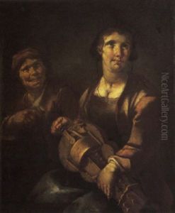 A Peasant Woman Playing A Hurdy-gurdy With A Peasant Boy Looking On A Peasant Woman Playing A Hurdy-gurdy With A Peasant Boy Looking On