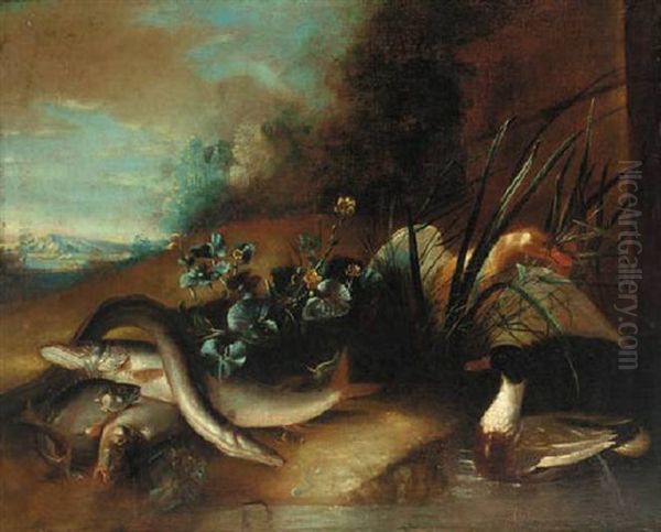 Ducks At A Pond With A Dead Eel And Other Fish On The Bank - view 1