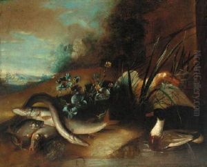 Ducks At A Pond With A Dead Eel And Other Fish On The Bank