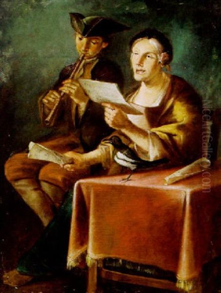 Ein Musizierendes Paar Mit Einem Singenden Vogel - view 1