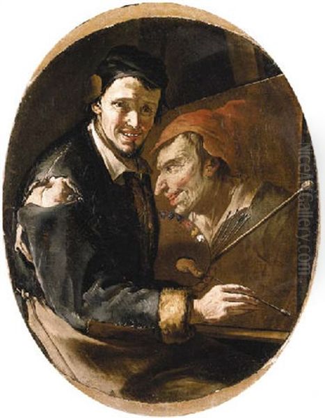 Portrait Of The Artist Seated At His Easel In A Ripped Blue Jacket And White Shirt, With His Palette And Brushes - view 1