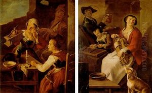 An Old Woman With A Mouse Trap, A Girl With Knitting And A Peasant Boy With A Recorder In A Farmhouse