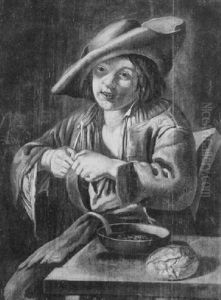 A Young Boy Seated At A Table With A Bowl Of Soup And A Panino A Young Boy Seated At A Table With A Bowl Of Soup And A Panino