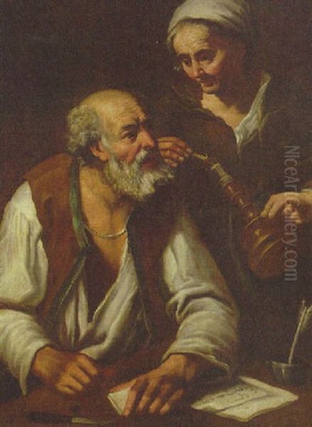 An Old Man Seated At A Desk With A Woman Lighting A Candle - view 1