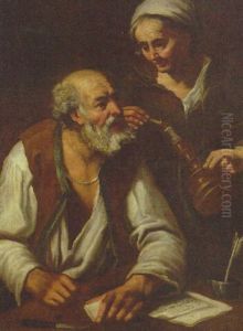 An Old Man Seated At A Desk With A Woman Lighting A Candle by Giacomo Francesco Cipper